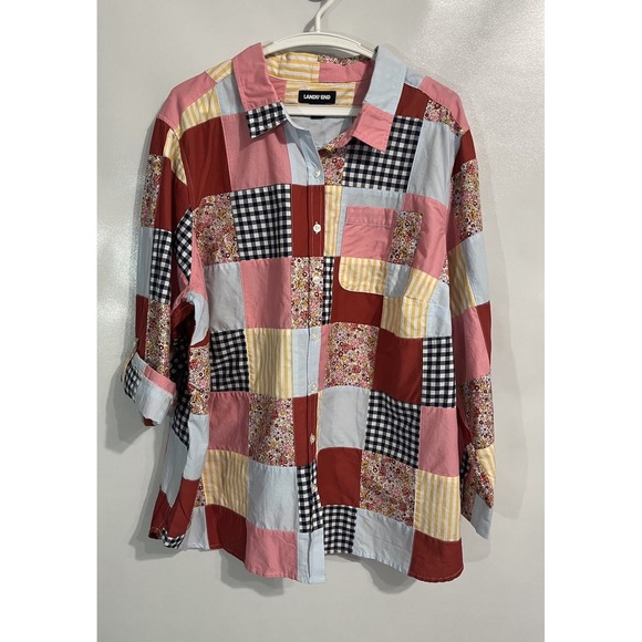 Lands' End Tops - Lands End 2X 20-22 Button-Up Cotton Shirt Patchwork Granny Coastal Cottagecore